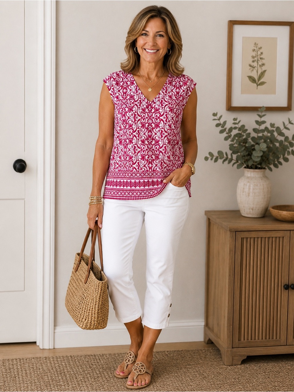 Vince Camuto Pink and White Sleeveless V-Neck Printed Top